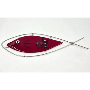 Vintage MCM Mixed Metal Blown Glass Wall Art Brutalist RED FISH 17"